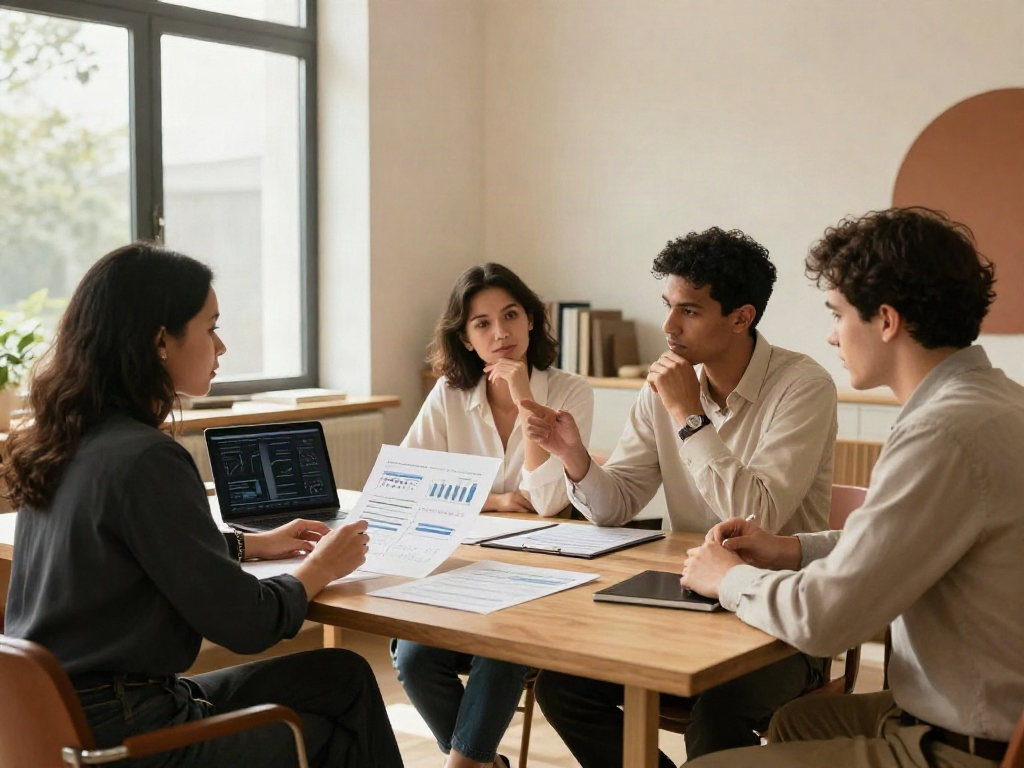 Business professionals discussing insights and reviewing analytics together