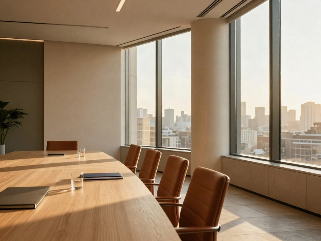 Sunlight filling a contemporary boardroom with a long oak conference table and terracotta chairs